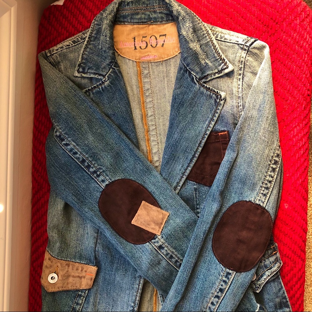 Vintage Distressed Denim Jacket with Elbow Patches